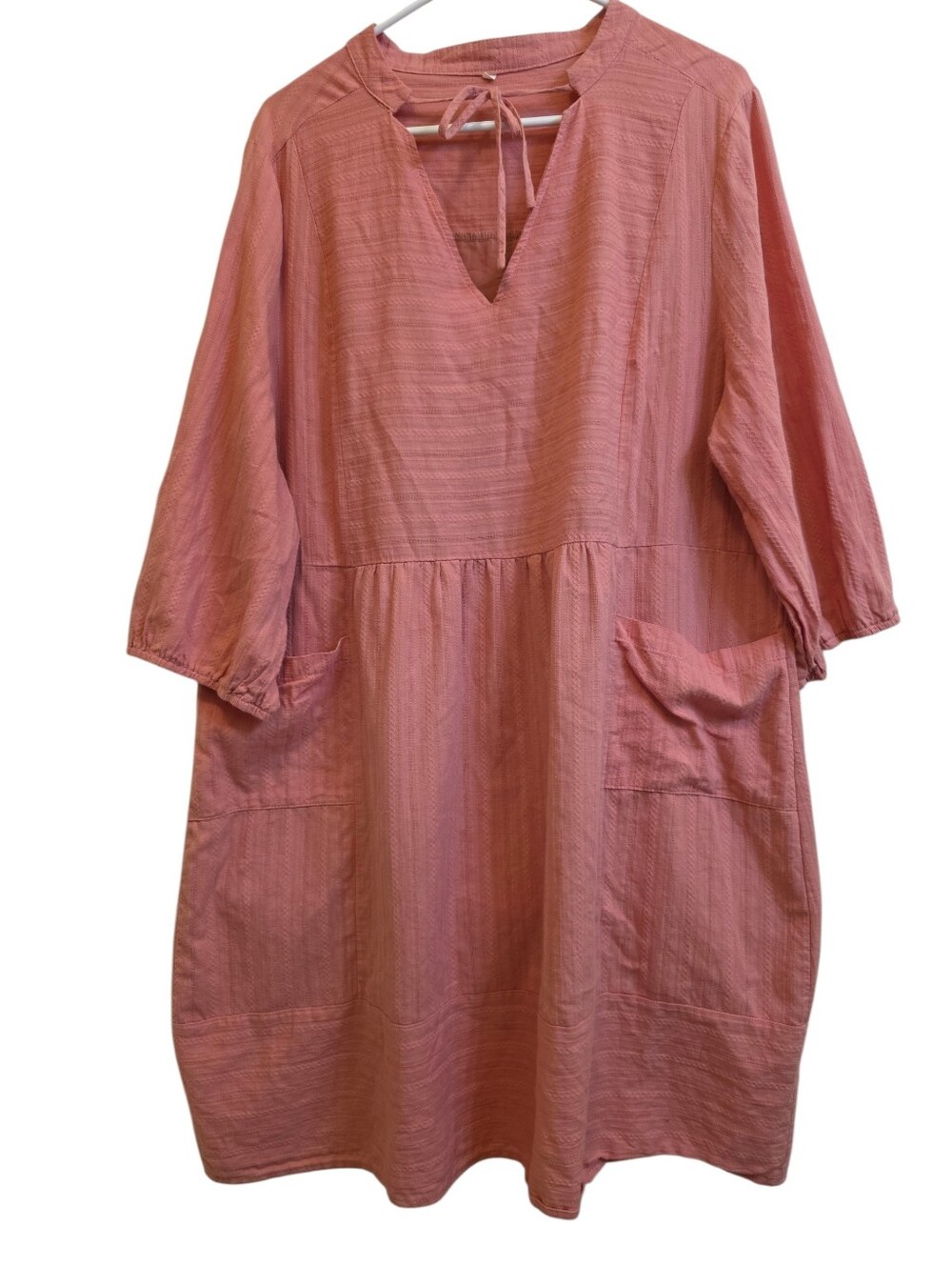 Unbranded EUC 100% Cotton Pink Textured Boho Dress V-Neck W/Tie Pockets Sz XXL